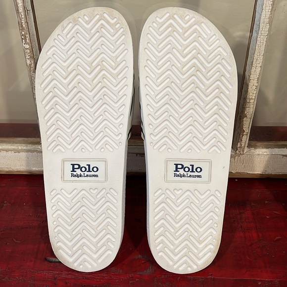 POLO Ralph Lauren Logo Slides White Blue Men’s Sz. 13 - Picture 2 of 9